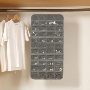 Colorful Sun® Sieraden Organizer - 80 vakjes - Opbergsysteem Tweezijdig - Sieraden Opbergers - Juwelendoos - Opbergtas - Opbergruimte - Sieraden Organizer Hangend - Vakjes voor Oorbellen, Kettingen, Juwelen - Groot - Grijs