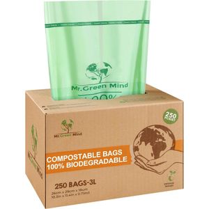 Biozakken 2/3 liter 250 stuks biologisch afbreekbare afvalzakken – 28 x 29 cm - 100% composteerbare vuilniszakken - Incl. dispenser - gft afvalzakken