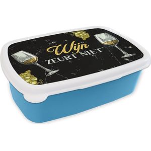 Broodtrommel Blauw - Lunchbox - Brooddoos - Wijn - Wijnglazen - Spreuken bordjes - 18x12x6 cm - Kinderen - Jongen