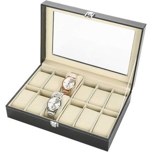 12 Grids PU Lederen Horloge Display Case - Opbergdoos Organizer - Horloge Sieraden Display Box met Glas Deksel - Grote Houder