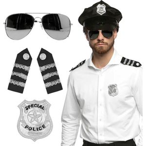 Carnaval verkleed set - politiepet - zwart - met epauletten/badge/zonnebril - heren/dames