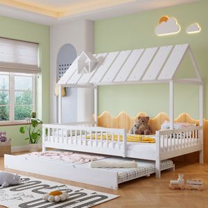 Sweiko Huisbed met Extra bed, dak met Open Haard Strip, Kinderbed, Jeugdbed, met 3-Zijdig Rooster, Denne+MDF, Wit, 120x200/190cm