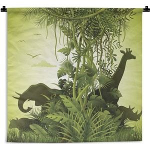 Wandkleed Afrika illustratie - Groene illustratie van Afrika met wilde dieren Wandkleed katoen 90x90 cm - Wandtapijt met foto
