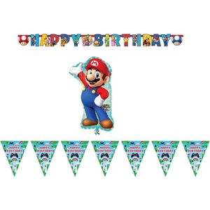 Amscan – Super Mario – Versierpakket – Letterslinger – Vlaggenlijn – XL Mario folieballon – Versiering - Kinderfeest.