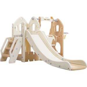 ZYLARO Speeltoestel, 5-in-1 kinderglijbaan, bestaande uit glijbaan, schommel, onderkast, basketbalstandaard en trap, zowel binnen als buiten te gebruiken, bruin en wit, geschikt voor kinderen van 1-5 Jaar