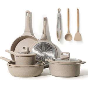 Pannenset - 11-delige Pannenset - Bestaande uit een pan van 24/28cm Braadpannen - 28cm Wokpan en 16/24cm Sauspannen met deksel - Siliconen Bestek - Steaktang - niet giftig - Compatibel met Alle Fornuizen - Moederdag