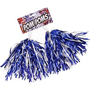 Setje van 2x stuks Cheerballs/Pompoms in het blauw/wit - Cheerleaders verkleed accessoires