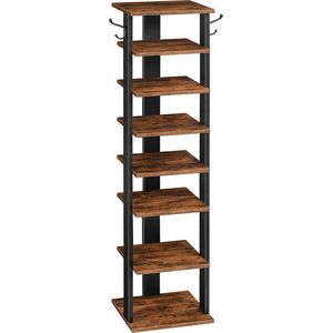 Schoenenrek met 8 niveaus, smal schoenenrek, schoenenkast met 2 haken, opbergplanken, schoen organisator, ruimtebesparend, voor entree, hal, slaapkamer, vintage bruin-zwart