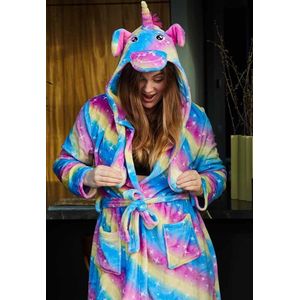 Unicorn damesbadjas – Dames badjas regenboog kleuren – Fleece badjas met oortjes – Fleece damesbadjas vrolijke kleuren – Damesbadjas capuchon – S/M