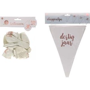 Dertig Jaar Vlaggenlijn en Ballonnen Pakket - Wit / Rosé Goud - Papier / Rubber - Verjaardag - 2 Delig