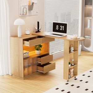 Bureau, L-vormig bureau met legplank, draaibaar tafelblad met LED-lichtlijst