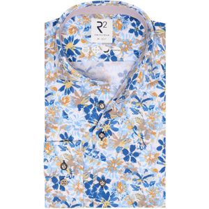 R2 Amsterdam - Overhemd Knitted Bloemenprint Blauw Extra Long Sleeves - Heren - Maat 44 - Modern-fit