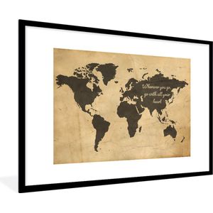 Fotolijst incl. Poster - Wereldkaart - Vintage - Quote - 90x60 cm - Posterlijst