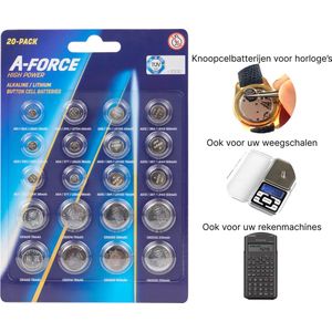 A-Force lithium High Power knoopcel batterijen - Voor horloges, radio's, zaklampen, afstandsbedieningen enz. - 20 Stuks