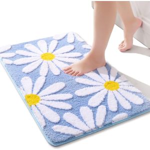 QJHOMO Blauw badkamertapijt, schattige madeliefjes, badmat, antislip, wasbaar, witte en gele bloem, zachte douchemat, absorberend, badkamertapijt, 40 x 60 cm
