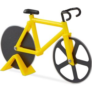 Relaxdays 1x pizzasnijder fiets - pizzames racefiets - pizzaroller origineel geel