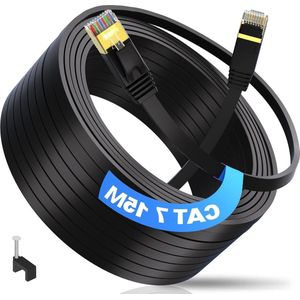 Buiten Ethernet-kabel - Cat 7 plat lang waterdicht - 10 GB S/FTP - 15m lang - internetkabel - hoge snelheid - RJ45-patchnetwerkkabel - gameconsole modem router tv patchpaneel