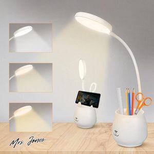 Mrs. Jones Bureaulamp oogverzorgende led-tafellamp met telefoonhouder en pennenpot - 3 verlichtingsmodi USB-oplaadbaar leeslampje aanraakbediening traploze helderheid 360 graden verstelbaar voor thuis .