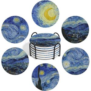 Onderzetters met houder Set van 6 onderzetters voor drankjes, Van Gogh schilderij kunst keramische onderzetters, onderzetters geschikt voor salontafel cadeau woondecoratie, blauwe bekeronderzetters, 4 inch