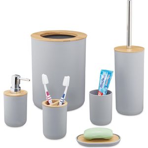 Relaxdays badkameraccessoires set - 6-delig - kunststof - bamboe - volledige badkamer & toilet set - grijs