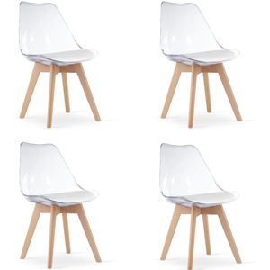 Set van 4 Stoelen MARK – Transparant, Beukenhouten Poten, Kunststof Zitting met Kunstlederen Kussen, Strak Design, Ergonomisch, Geschikt voor Keuken, Eetkamer, Kantine en Werkruimte, Max. 120 kg