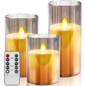 Realistische warme lichtkaars met afstandsbediening en timerfunctie - grijs vlamloze kaarsen decoratiezuil - 75 x 10 cm, 75 x 12,5 cm, 75 x 15 cm .