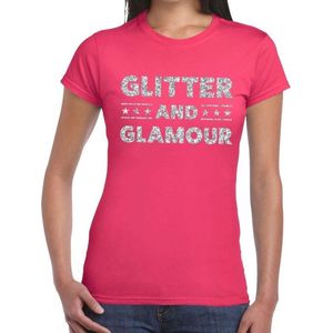Glitter and Glamour zilver glitter tekst t-shirt fuchsia roze dames - zilver glitter and Glamour shirt XS