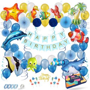 Fissaly 88 Stuks Zee Verjaardag Versiering Set – Oceaan Vissen Feest Decoratie – Verjaardag Feestversiering – Dolfijn, Haai, Zeepaard, Zeester, Kreeft, Vis & Octopus – Maritieme Themafeest
