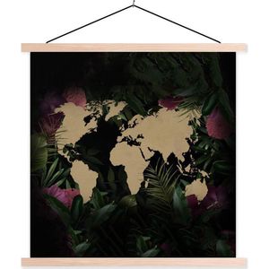Posterhanger incl. Poster 60x60 cm - Schoolplaat - Wereldkaart - Bruin - Bloemen - Textielposter - Blanke latten