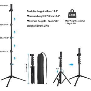 68 inch/1,73 m telefoonstatief, selfiestick-statief met afstandsbediening en smartphone-statief, opvouwbaar camerastatief voor iPhone 14/13/12/12 pro/11/11pro/8/7, Samsung, Huawei