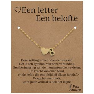 Letter B ketting op Cadeau Kaartje - Een letter, een belofte - 45cm Goudkleurig Stainless Steel - Initiaal & Hartje Hanger - Pax Amare