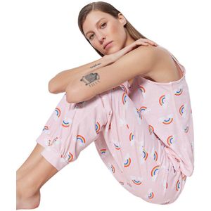 Trendyol Lichtroze 100% Katoenen Regenboogpatroon Onderhemd-Broek Shorts Gebreide Pyjamaset Thmss23Pt00092