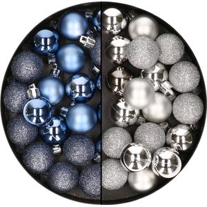 40x stuks kleine kunststof kerstballen donkerblauw en zilver 3 cm - Voor kleine kerstbomen