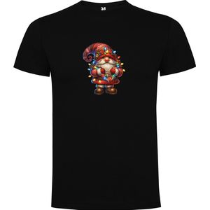 Zwart T-Shirt met “Kleurrijke Gnoom – Kabouter Kerst / Vrolijk Kerstfeest bedekt met Lampjes “ Print Full Color Maat 2XL