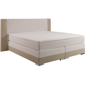 Vente-unique [NEW VERSION]Set boxspring hoofdbord met led-verlichting + bedbodems + matras + topmatras ASTI van YSMÉE - 180 x 200 cm - Kunstleer - Crème en wit L 233 cm x H 120 cm x D 219 cm