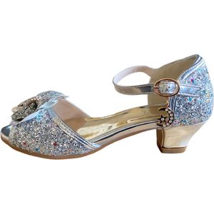 Elsa prinsessen schoenen zilver glitter strikje maat 33 - binnenmaat 21,5 cm - feest verkleedkleding - hakken schoenen