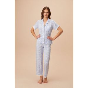 Suwen- Viscose Dames Pyjama- Luxe Pyjamaset- Satijn Blauw Maat S