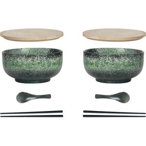 Ramen keramische kom set van 2 (8 stuks) met lepel eetstokjes, 1100 ml grote soepkom, slakommen voor soep, pho en sushi kom (groene kom, 2 set)
