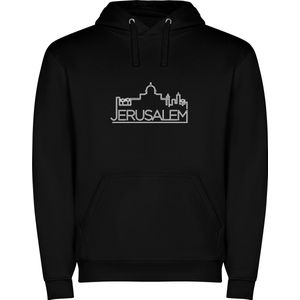 Zwarte unisex hoodie met “ Skyline Jerusalem – Vakantiegevoel – Strak – Modern “ Print Full Color merk Roly maat M