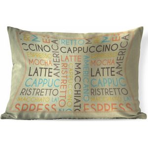 Sierkussens - Kussen - Koffie quote espresso, latte, cappuccino tegen een lichte achtergrond - 60x40 cm - Kussen van katoen