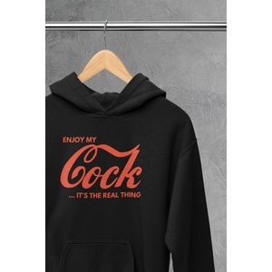 Hoodie - Enjoy my cock - Wurban Wear | Grappige hoodie | Leuk cadeau | Unisex hoodie | meme | Meme kleding | Viespeuk | Grappige kleding | Grappige trui | Dubbelzinnige kleding | Wit & Zwart