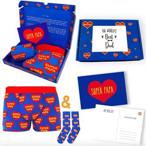 Vaderdag cadeauset - Super Papa Heren Boxershort - MijnOnderbroek - Blauw/Rood - Onderbroek Maat S - Sokken 40-46