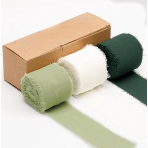 Allecto Plus - Chiffon zijden lint met witte franjes saliegroen en donkergroen - 3 rollen x 7 meter - voor huwelijksuitnodigingen, bruidsboeketten - geschenkverpakking & babyshower - decoratieve linten
