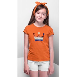 T-shirt kinderen Kroontje met magic sequence | Koningsdag Kleding | Oranje | maat 140