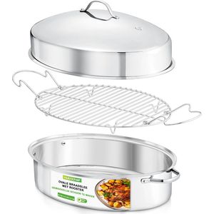 NutriChef Braadpannen, Ovaal-Stoofpan met Deksel-Premium Roestvrijstalen Braadpan met Brede Handgrepen & Verwijderbaar Rek- Multifunctioneel Kookgerei