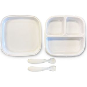 Deryan Quuby Plate Set Siliconen bord met lepeltjes - Babybord - kinderservies set wit