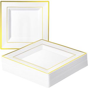Witte vierkante plastic borden met gouden rand - elegant en herbruikbaar - set van 10