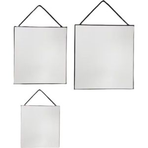 Hangspiegel PABLO Met Metalen Ketting - Zwart - Metaal / Glas - Ca 20 / 30 / 35 cm - Vierkant - Set van 3 spiegels