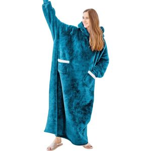 Knuffeldeken met mouwen en capuchon - Warme deken met capuchonmouwen om in de winter te dragen, tv-deken voor volwassenen voor dames, draagbaar sherpa-sweatshirt, oversized deken, turkoois