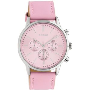 OOZOO Timepieces - Zilverkleurige horloge met zacht roze leren band - C10595